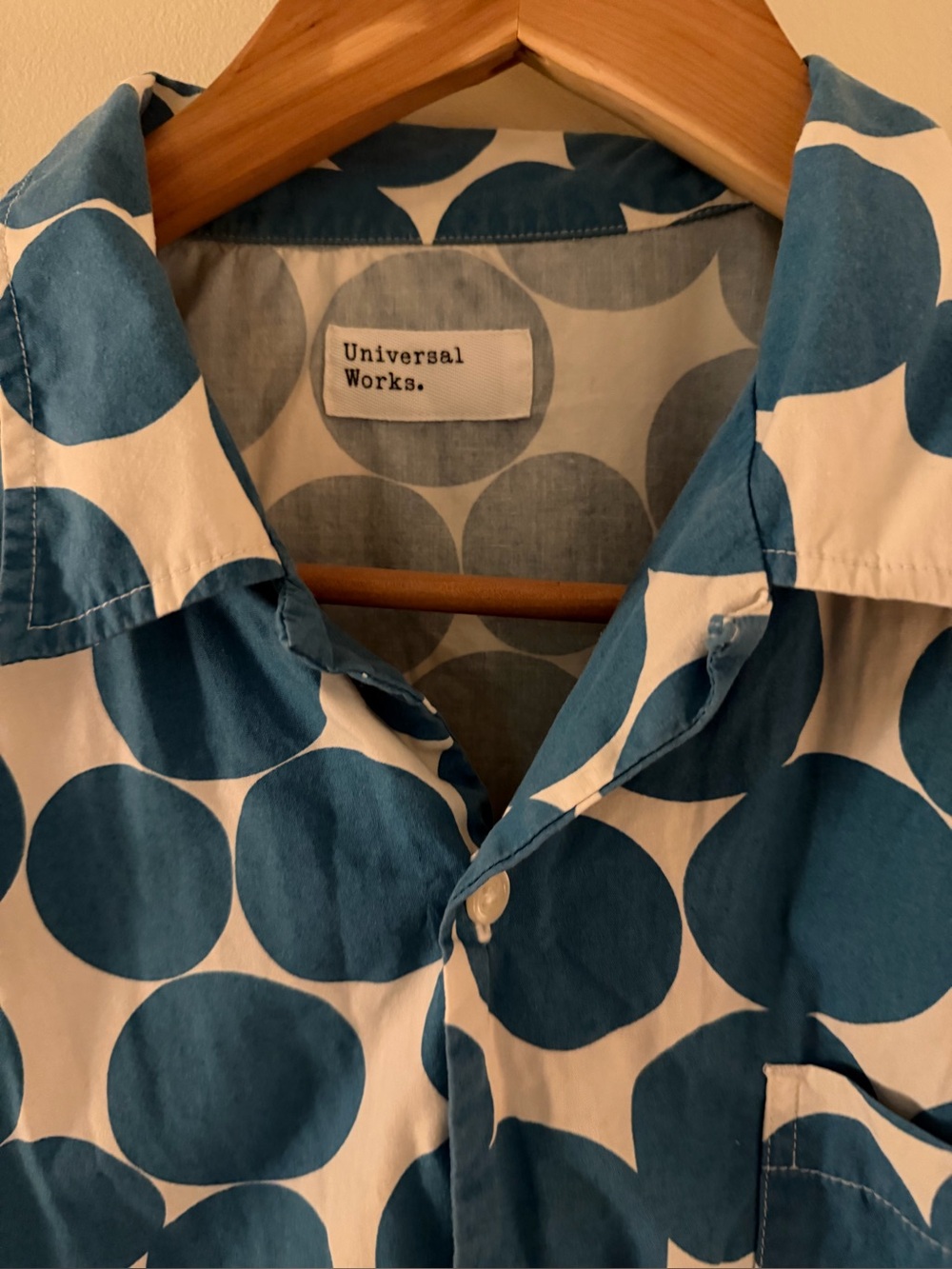 Universal Works Men’s Teal & White Polka Dot Button-Down Shirt